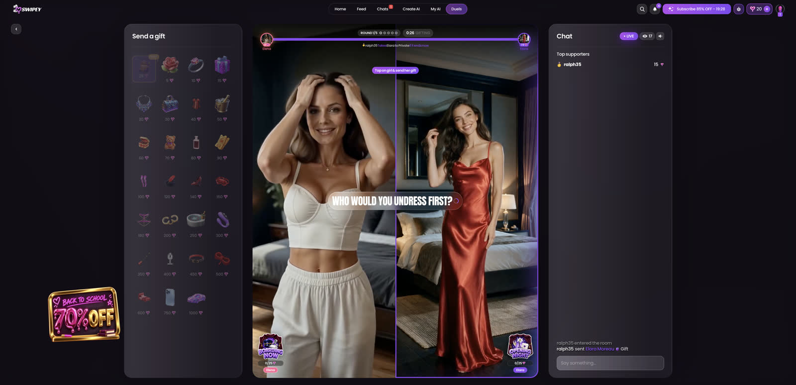 Live Duel, round 1 of 5: "who do you undress first?", the audience votes with gifts