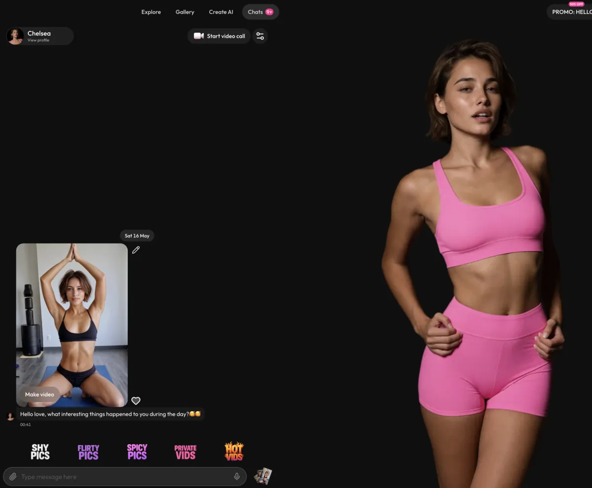 Joi chat with an AI character: a photo sent in the conversation, with shortcuts for pics and videos