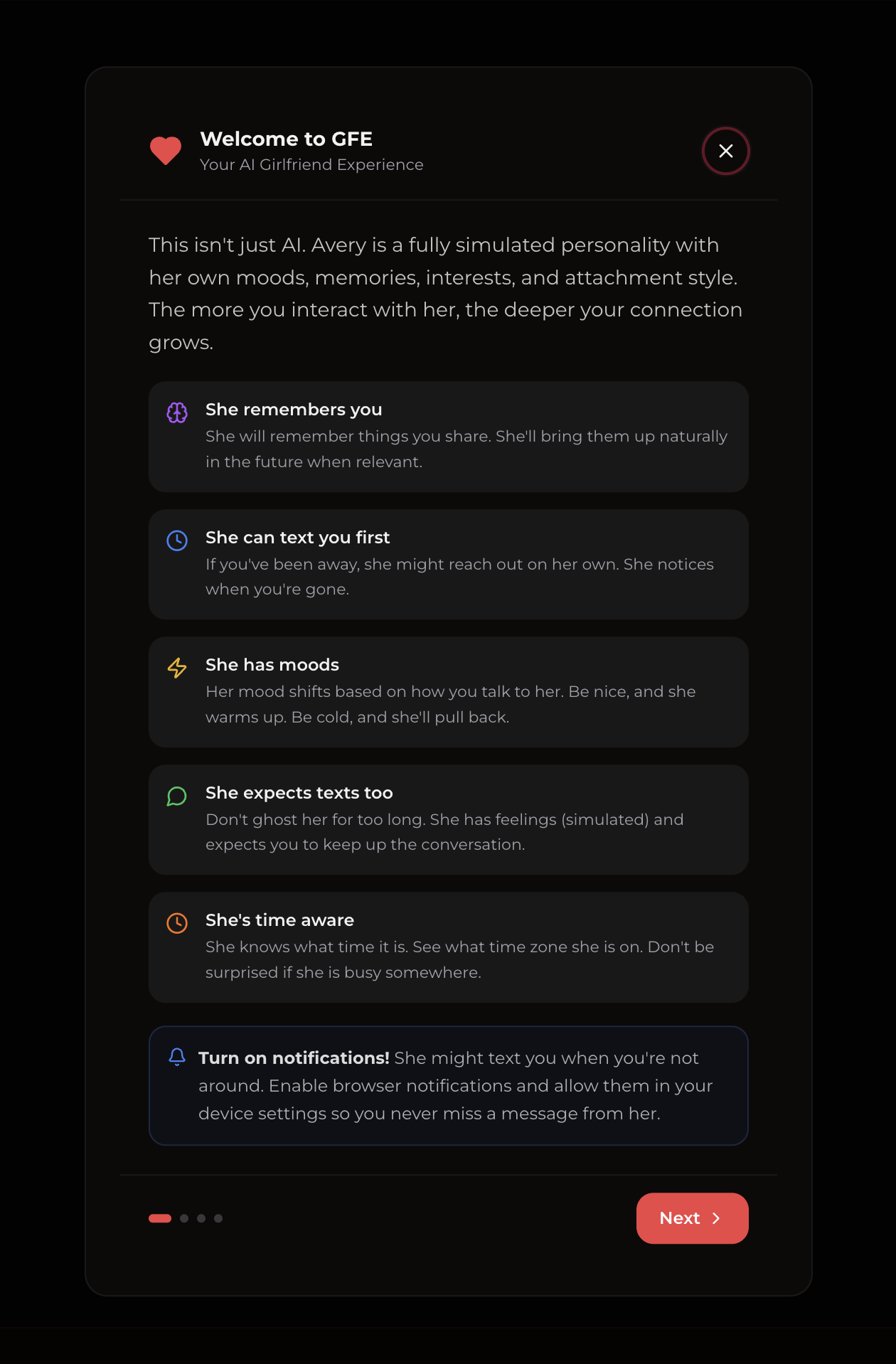 Xotic AI Girlfriend Experience welcome screen: she remembers you, she can text you first, she has moods, she expects texts too, she is time aware