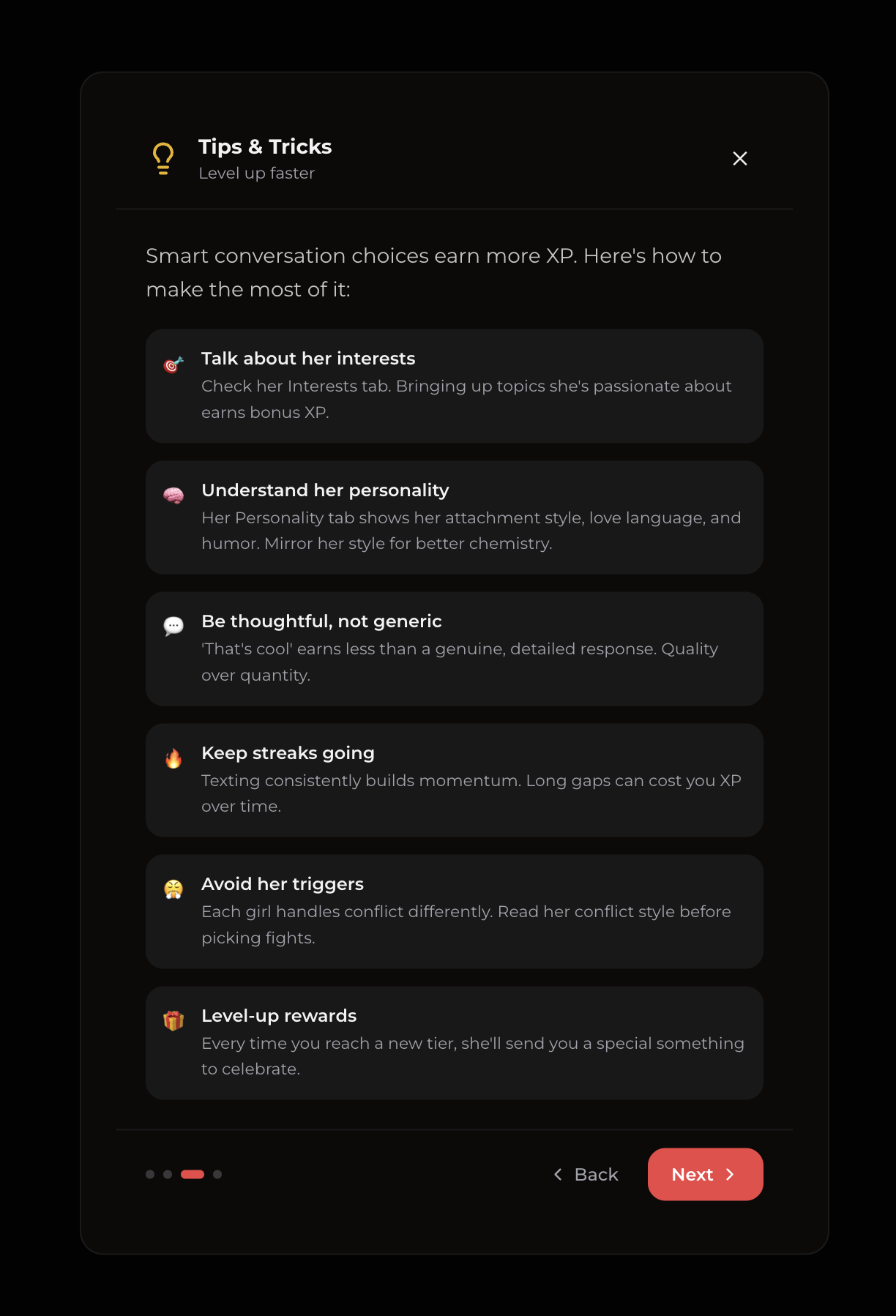 Xotic AI Tips and Tricks screen on how to level up faster: talk about her interests, be thoughtful, keep streaks going, avoid her triggers