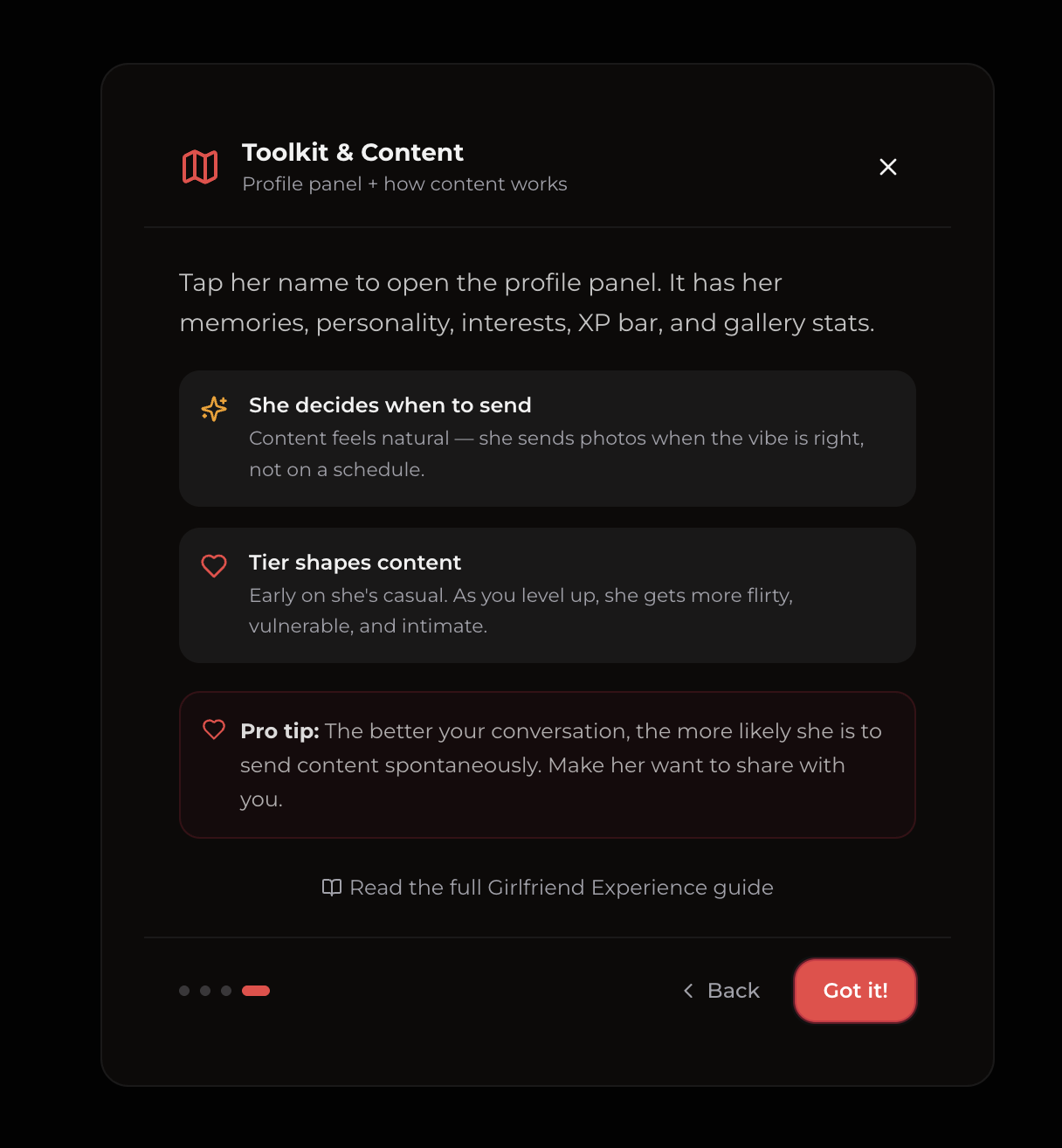 Xotic AI Toolkit and Content screen: she decides when to send photos, and her relationship tier shapes the content