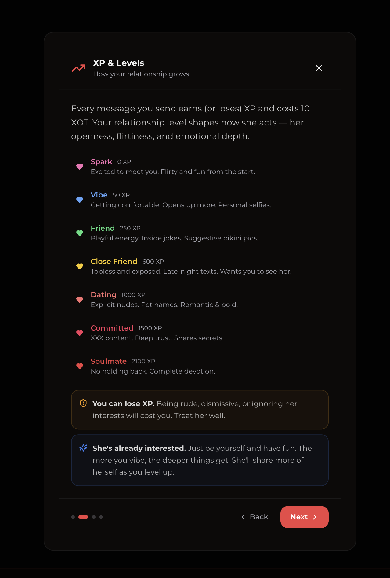 Xotic AI XP and Levels screen: Spark 0 XP, Vibe 50, Friend 250, Close Friend 600, Dating 1000, Committed 1500, Soulmate 2100, and each message costs 10 XOT